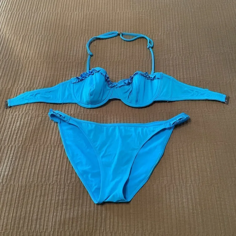 H&M blue convertible halter/bandeau bikini sz 12 bottoms, 36C top